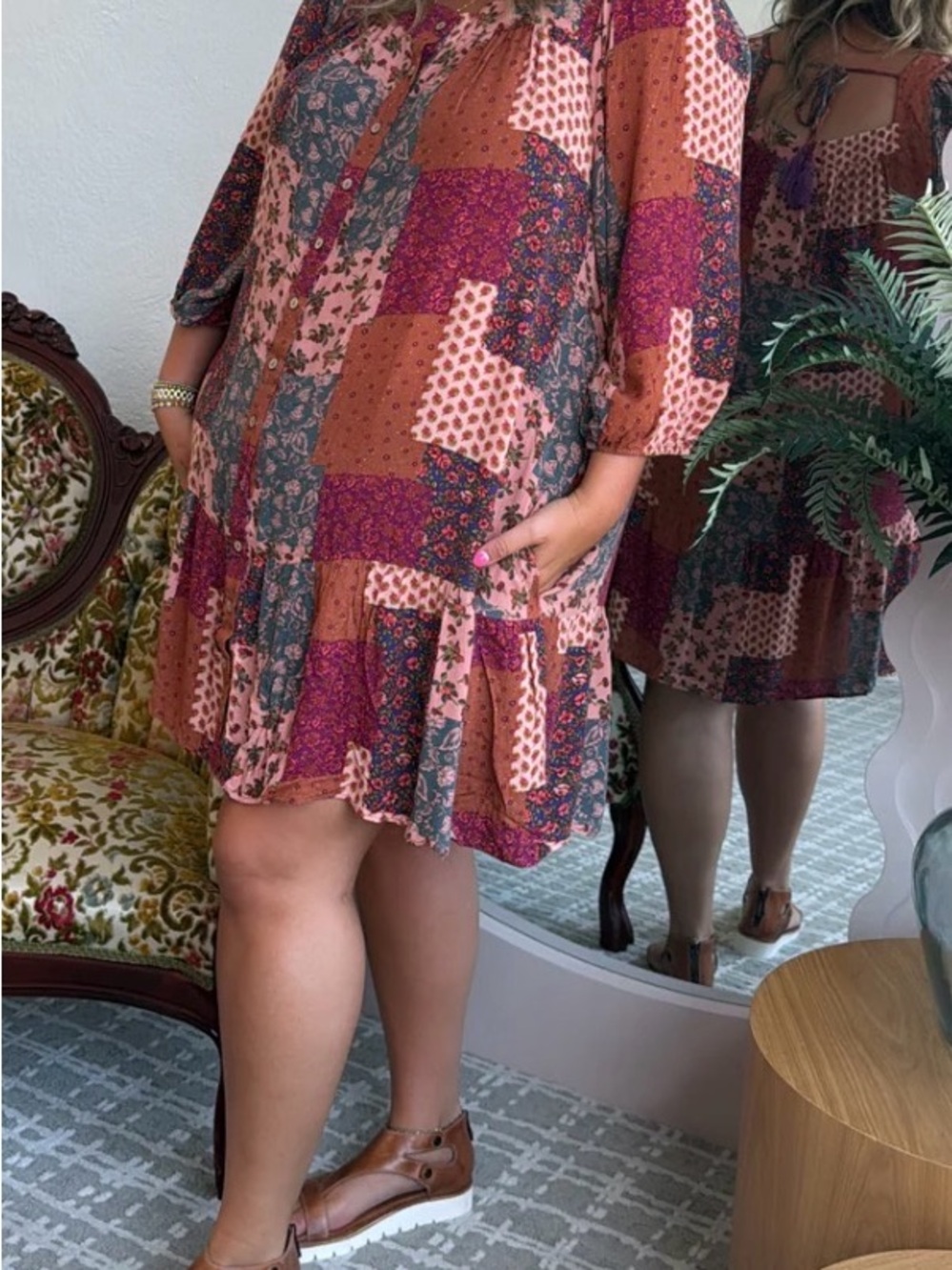 easel Brown and Burgundy Patchwork Mini Dress - Picture 14 of 15